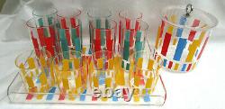 14 Pc. Vtg Mid-century. Beverage Tumbler, Ice Bucket & Tray Set. Bright Colors