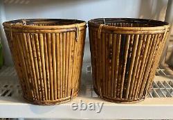 2 Vintage Mid Century Italian Pencil Reed Bamboo Baskets Planters 10.5T Boho