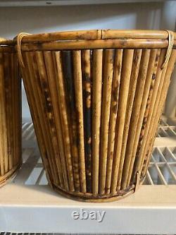 2 Vintage Mid Century Italian Pencil Reed Bamboo Baskets Planters 10.5T Boho