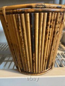 2 Vintage Mid Century Italian Pencil Reed Bamboo Baskets Planters 10.5T Boho