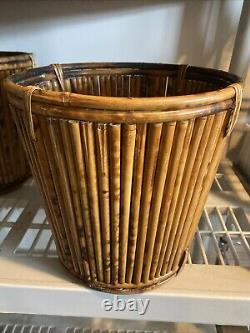 2 Vintage Mid Century Italian Pencil Reed Bamboo Baskets Planters 10.5T Boho