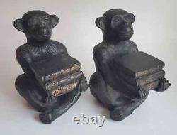 2 Vtg Mid Century Cast Iron See No Hear No Theory Evolution Monkey Bookend Pair