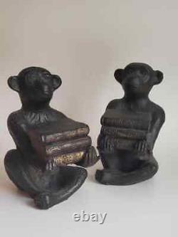 2 Vtg Mid Century Cast Iron See No Hear No Theory Evolution Monkey Bookend Pair