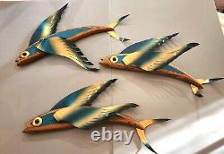 3 Vtg MID CENTURY FLORIDA KEYS Wood Metal Sailfish Flying FISH Wall Decor Art