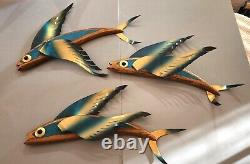 3 Vtg MID CENTURY FLORIDA KEYS Wood Metal Sailfish Flying FISH Wall Decor Art