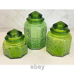 3 Vtg Mid Century Modern Green LE Smith Daisy & Button Glass Canisters Set of 3