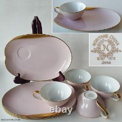 4 Vtg c1950s Noritake 620 Pink withGold Snack Plate & Cup Sets. Mid-Century Oblong