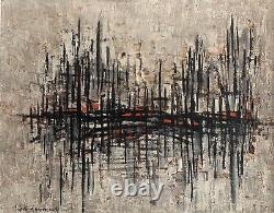 Efriam Modzelevich Mid Century Modern Abstract Oil Painting Vtg Signed Cityscape