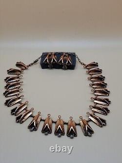 Elegant Vintage Mid-Century Matisse Black Enamel Copper Necklace Earrings Set