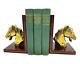 Mid Century Horse Stallion Brass Bookends Vintage Cherry Wood Set Of Two