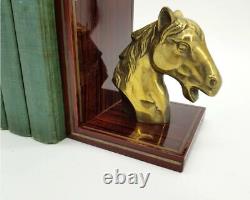 Mid Century Horse Stallion Brass Bookends Vintage Cherry Wood Set Of Two