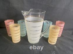 Mid Century Modern Frosted Glass Pitcher and 6 multi color Tumbler Set Vintage