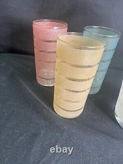 Mid Century Modern Frosted Glass Pitcher and 6 multi color Tumbler Set Vintage