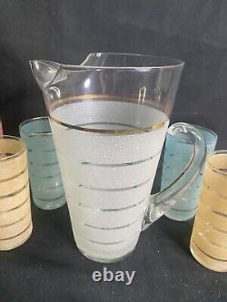 Mid Century Modern Frosted Glass Pitcher and 6 multi color Tumbler Set Vintage