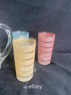 Mid Century Modern Frosted Glass Pitcher and 6 multi color Tumbler Set Vintage