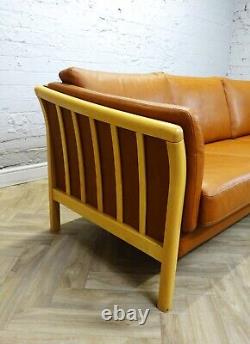 Mid-Century Modern Vintage Danish Tan Leather 3 Seater Sofa Settee by Skalma