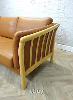 Mid-Century Modern Vintage Danish Tan Leather 3 Seater Sofa Settee by Skalma