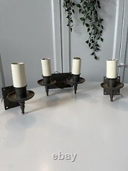 Mid Century Set 3 Hammered Metal Wall Lights Double / Singles Country House Vtg