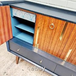 Mid Century Vintage Cocktail Drinks Cabinet Sideboard In Navy And Gold