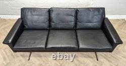 Mid-Century Vintage Retro Danish Black Leather 3 Seater Sofa with Sleigh Base