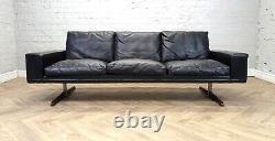 Mid-Century Vintage Retro Swedish Black Leather 3 Seater Sofa with Sleigh Base
