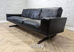 Mid-Century Vintage Retro Swedish Black Leather 3 Seater Sofa with Sleigh Base