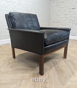 Mid-Century Vintage Retro Swedish Black Leather & Rosewood Lounge Armchair 1960s