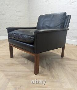 Mid-Century Vintage Retro Swedish Black Leather & Rosewood Lounge Armchair 1960s