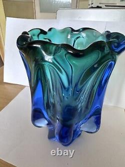 Murano Vase Bohemian Glass Green Blue Mid Century Vintage