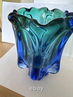 Murano Vase Bohemian Glass Green Blue Mid Century Vintage