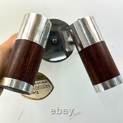 Nos Vintage MID Century Chrome And Wood Grain 2 Light Wall Sconce Fixture Retro