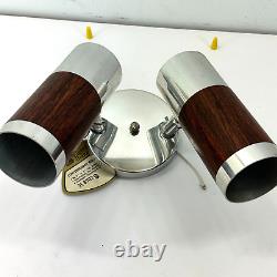Nos Vintage MID Century Chrome And Wood Grain 2 Light Wall Sconce Fixture Retro