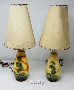 Pair of vintage mid century modern 1950s lamps tested working hand painted