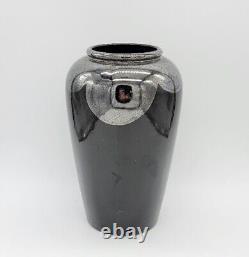 Rare Vtg Mid-Century Black & Silver Scalloped 504-24 Pottery Vase West Germany
