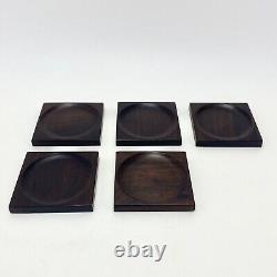 Set of 5 Vtg Mid Century Modern Danish Square Rosewood Glass Coasters Barware