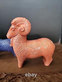 VINTAGE MCM Figurine Bull ram horse greek peach blue utan mid century Ceramic