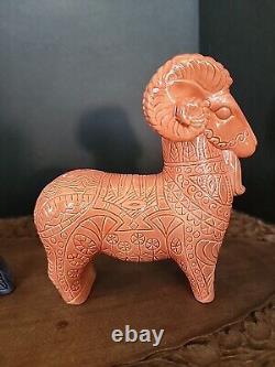 VINTAGE MCM Figurine Bull ram horse greek peach blue utan mid century Ceramic