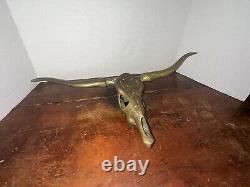 VINTAGE Mid Century Brass Texas Longhorn Steer Skull Head Wall Sculpture 22 Inch