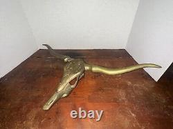 VINTAGE Mid Century Brass Texas Longhorn Steer Skull Head Wall Sculpture 22 Inch