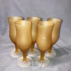 VTG Italian Murano Mid Century Satin Frosted Amber Decanter & 5 Wine Glasses HTF