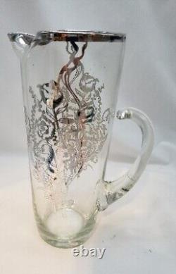 VTG Mid Century Blowen Etched Glass Sterling Silver Overlay Cocktail Pitcher