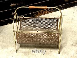 VTG Mid Century Brass Steel Magazine Album Record Rack Holder with Teak Handle