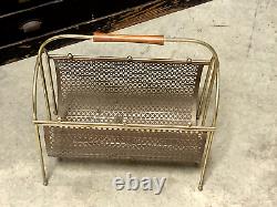 VTG Mid Century Brass Steel Magazine Album Record Rack Holder with Teak Handle