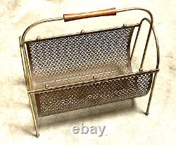 VTG Mid Century Brass Steel Magazine Album Record Rack Holder with Teak Handle