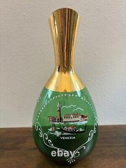 VTG Mid Century Decanter & Glass Emerald Green & Gold Hand Painted