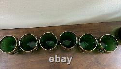 VTG Mid Century Decanter & Glass Emerald Green & Gold Hand Painted