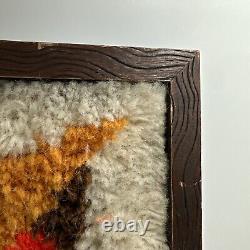 VTG Mid Century Latch Hook Owl Wall Hanging Rug Framed Orange Gold and Brown