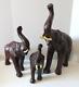 VTG Mid Century Leather Wrapped Elephant Family Sculpture Figurines 18 14 11