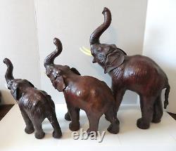 VTG Mid Century Leather Wrapped Elephant Family Sculpture Figurines 18 14 11