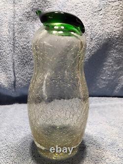 VTG Mid Century Mod Hand Blown Crackle Glass Decanter Clear with Green Lip 1960's